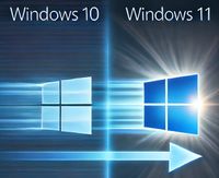 Grafik, die sich auf das Windows 10-Ende und das Upgrade auf Windows 11 bezieht, links im verblassenden Stil das Windows 10-Logo